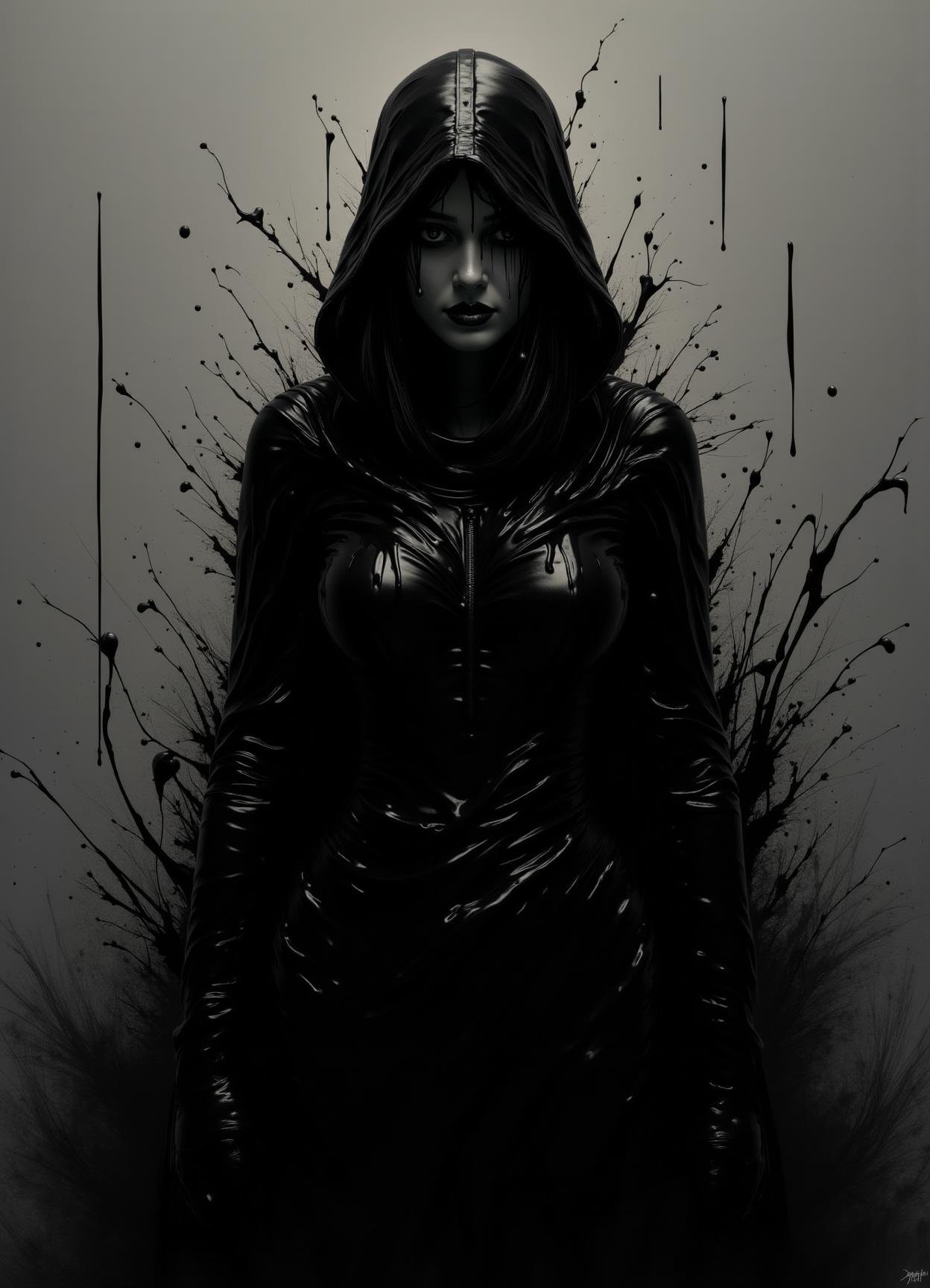 donmp41n717bl4ckfx sfw,digital artwork, text "Paint it black!",  female sakaaran, duelist, cloak, surreal, wet black paint