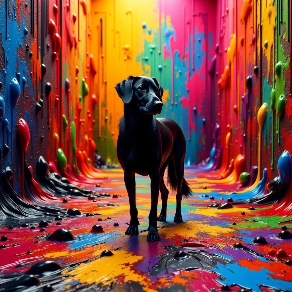 donmp41n717bl4ckfx, no humans, colorful, horse, abstractThis is a highly detailed, vibrant digital artwork featuring a surreal, fantastical scene. The central figure is a sleek, black dog standing on a chaotic, colorful floor covered in splatters and swirls of paint. The dog is positioned near the center, looking out towards the viewer, with a shiny, dark coat that contrasts starkly with the vibrant background.