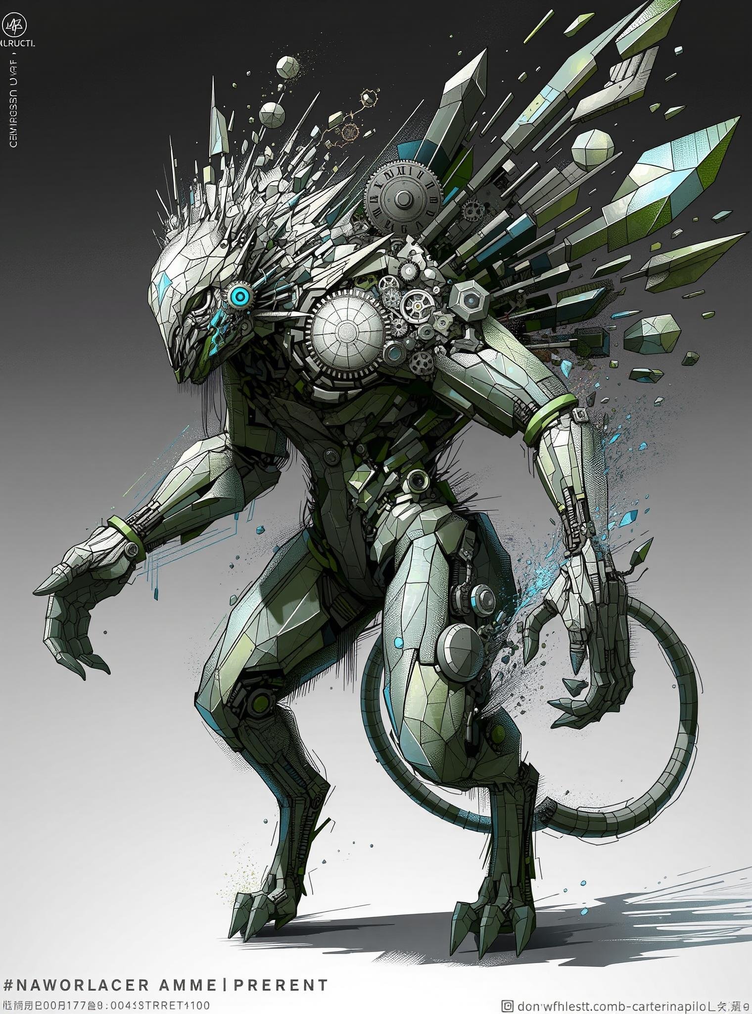 DonMFr4ctur3dD1ffFXthe, geometric shapes, sfw,  massive otherworldly augmented amorphous irregular person,  padded appendages,  curved-tailed, shaggy fur,    mechanical wings made of gears and cogs and clockwork,  #   # proboscis, green,