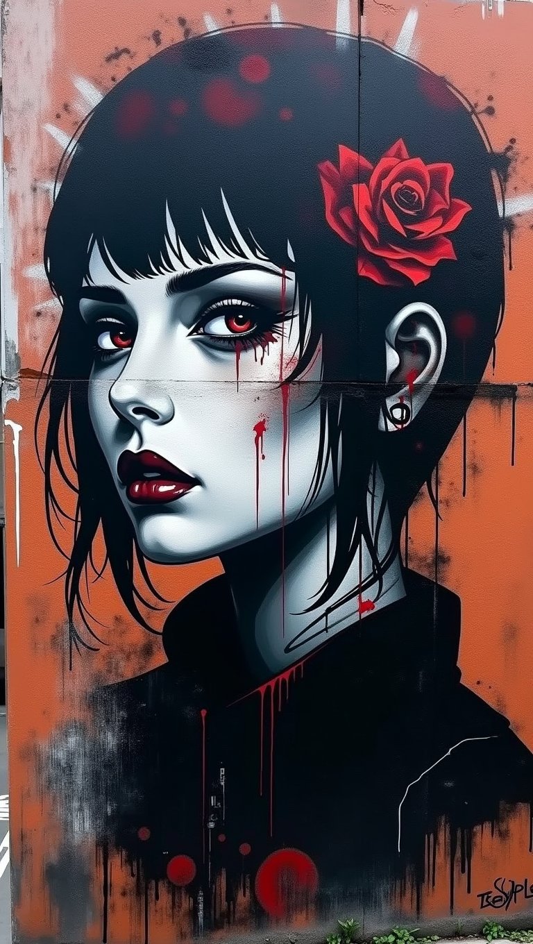 (masterpiece, high quality, 8K resolution), street art, graffiti on the wall of a beautfiul woman in gothic style with grunge elements and high contast gloomy palette, detailed , abstract, artwork, graffiStyle