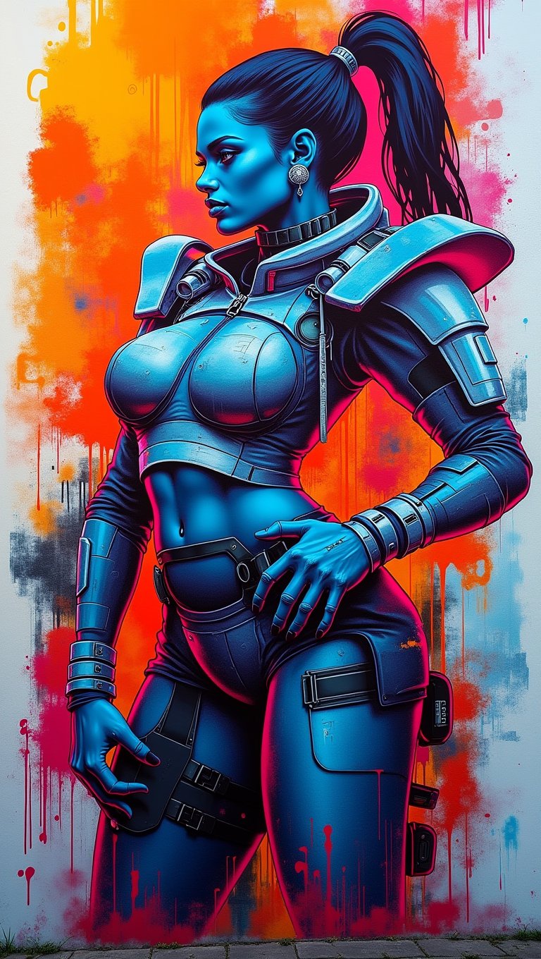 (masterpiece, high quality, 8K resolution), street art, graffiti on the wall of a beautfiul woman in cyberpunk style with pop art palette, detailed futuristic outfit, abstract, artwork, graffiStyle