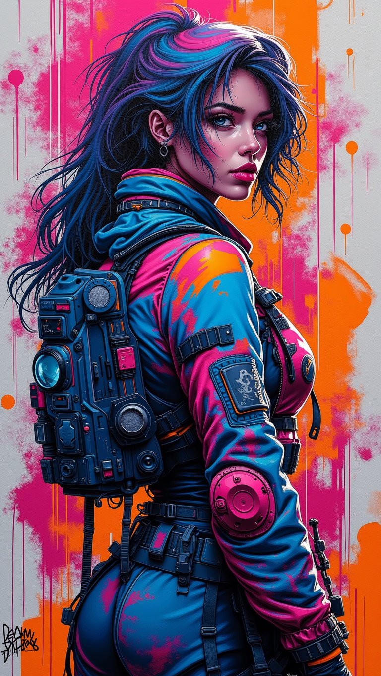 (masterpiece, high quality, 8K resolution), street art, graffiti on the wall of a beautfiul woman in cyberpunk style with pop art palette, detailed futuristic outfit, abstract, artwork, graffiStyle