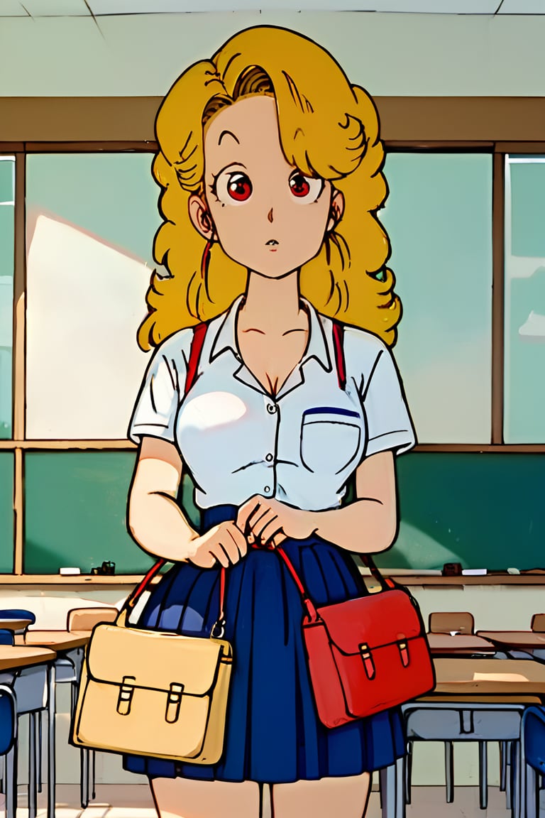 masterpiece, best quality, highly detailed, score_9, score_8_up, score_7_up, score_6_up, source_anime, outdoors, BREAK,Midori_YamabukiXL, red eyes, long hair, blond hair, bikini, teacher dress, indoors, school, akira toriyama style,