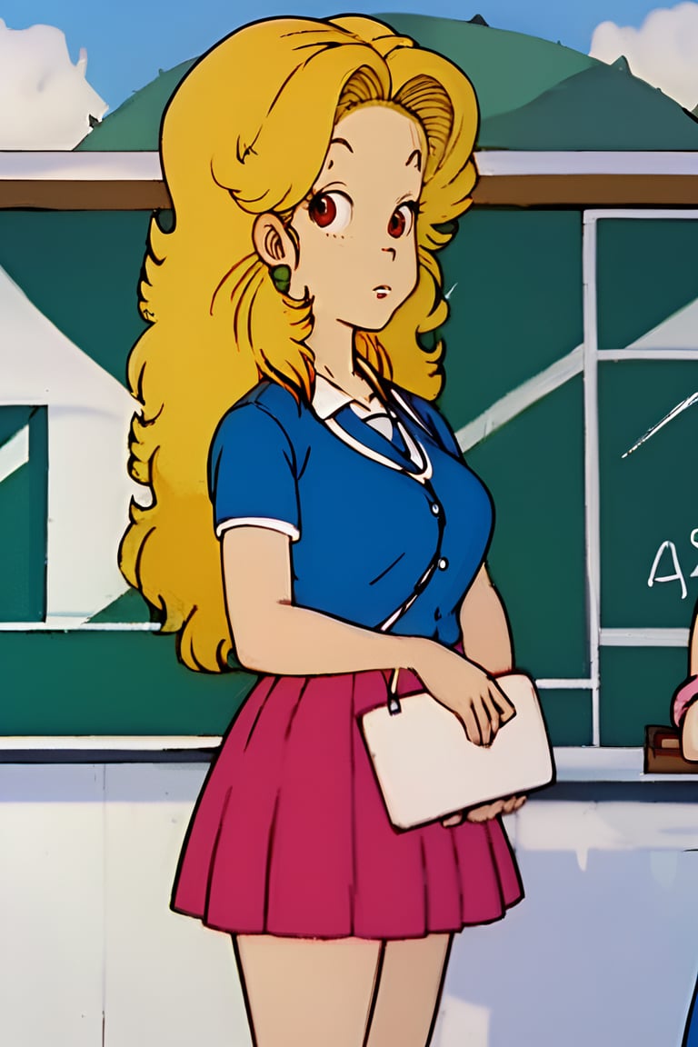 masterpiece, best quality, highly detailed, score_9, score_8_up, score_7_up, score_6_up, source_anime, outdoors, BREAK,Midori_YamabukiXL, red eyes, long hair, blond hair, bikini, teacher dress, indoors, school, akira toriyama style,