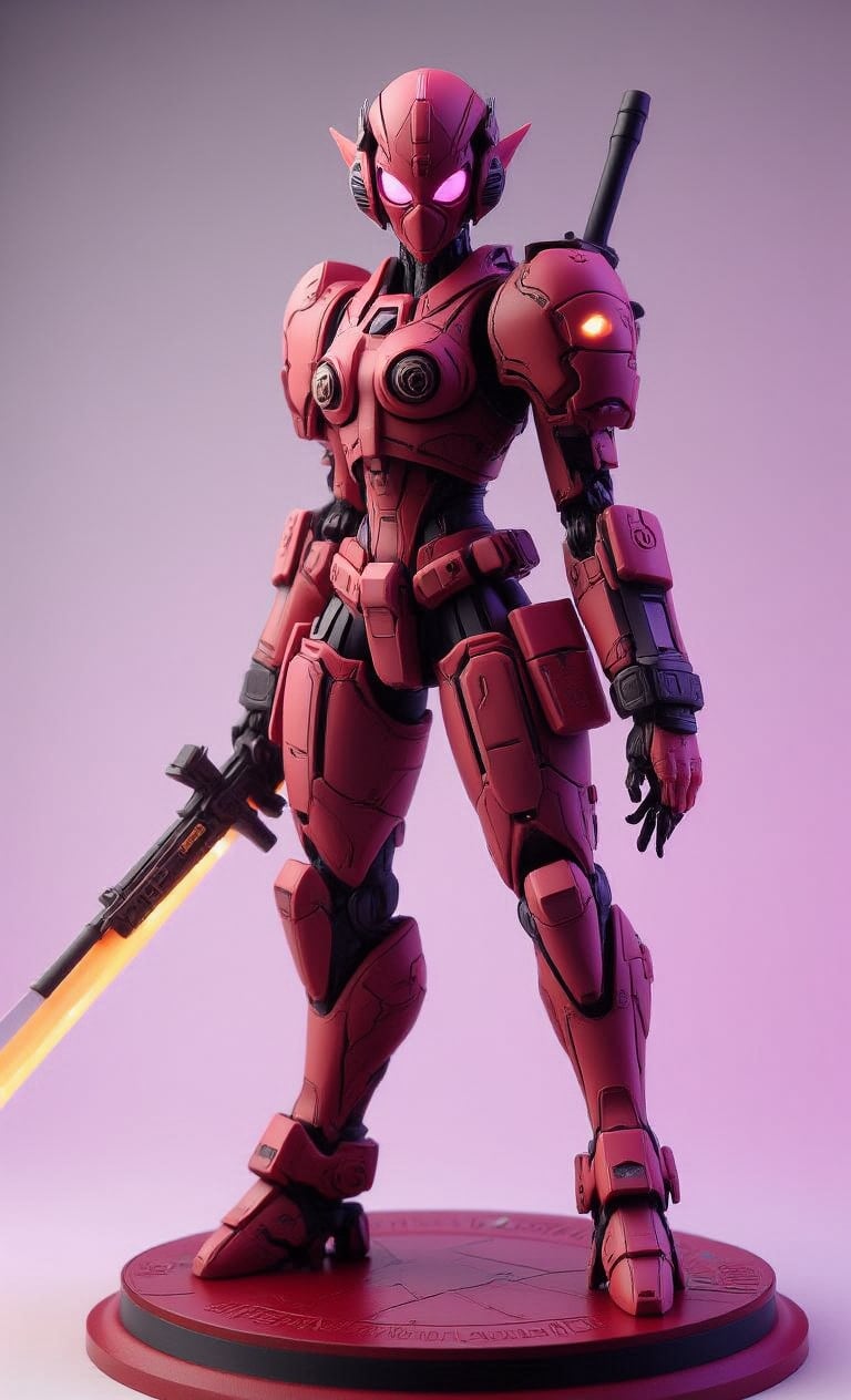 Realistic photo, 3D figure, realistic, masterpiece, UHD, 8K, female android 1 body, solo, chest, large chest, red and orange body color scheme, holding, standing, weapon, cowboy shot, sword, pink eyes, glowing eyes, holding weapon, glowing, holding sword, helmet, mask, robot, sci-fi, android, joints, robot joints, energy sword,create figure 2