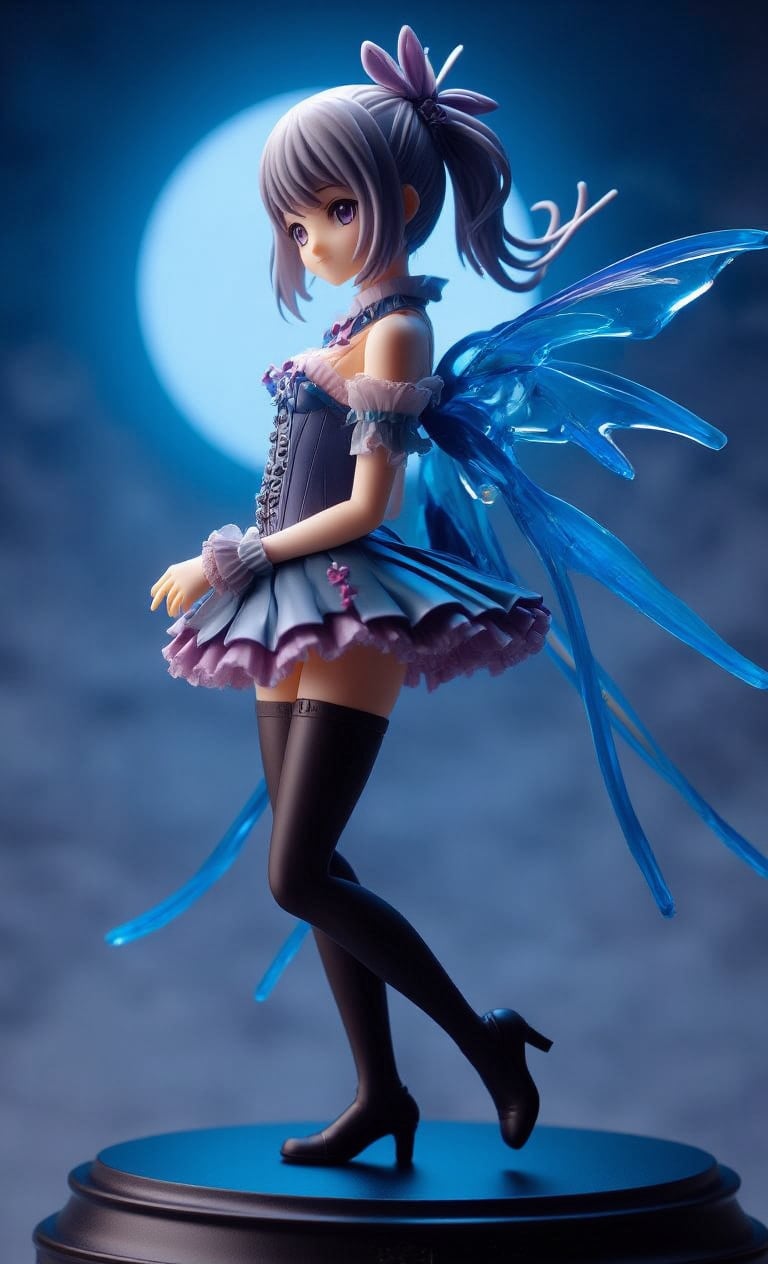 Reality photo, 3D figure, resin, the whimsical girl stands in front of a glowing blue moon, its glow illuminating her delicate features and striking outfit. A fitted blue and purple corset cinches her waist, while black stockings and high heels add a touch of sass. Her ponytail is adorned with ribbon and tied neatly on top of her head, while her wings are adorned with vibrant blue ribbons, creating a delightful pop of color against the subtle shading of the dark blue sky.,create figure 2