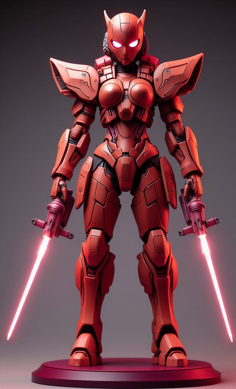 Realistic photo, 3D figure, realistic, masterpiece, UHD, 8K, female android 1 body, solo, chest, large chest, red and orange body color scheme, holding, standing, weapon, cowboy shot, sword, pink eyes, glowing eyes, holding weapon, glowing, holding sword, helmet, mask, robot, sci-fi, android, joints, robot joints, energy sword,create figure 2