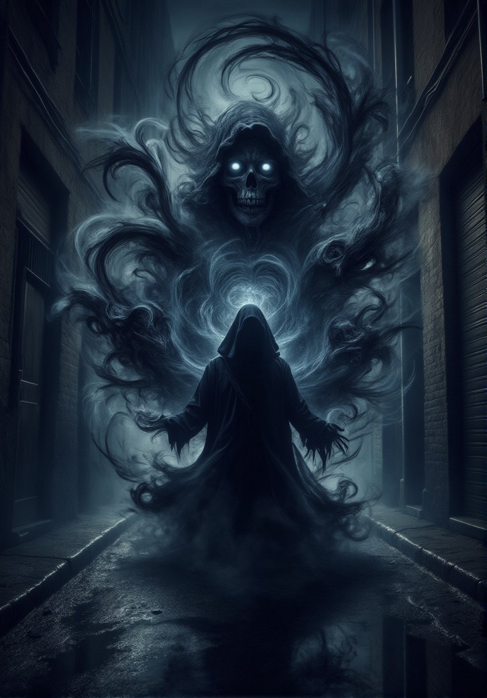 A dark alleyway at midnight, a lone figure shrouded in shadows, eyes aglow with an otherworldly intensity as they conjure forth a swirling vortex of darkness. The sorcerer's robes billow behind them like smoke, as if fueled by the very essence of night itself. Shadowy tendrils writhe and twist, taking form as skeletal constructs that dance at their command, while the air thickens with an aura of foreboding, as if the night itself has become a tangible entity., DarkAura