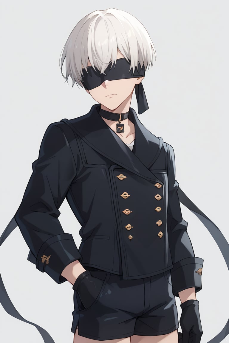 score_9, score_8_up, score_7_up, source_anime, BREAK, 1boy, male focus, solo, 9s, white hair, black blindfold, black jacket, black choker, black shorts, black gloves, looking at viewer, portrait, simple background