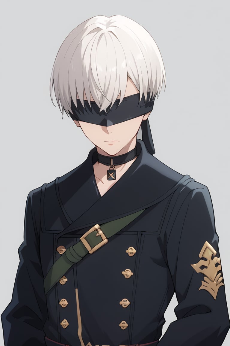 score_9, score_8_up, score_7_up, source_anime, BREAK, 1boy, male focus, solo, 9s, white hair, black blindfold, black jacket, black choker, black shorts, black gloves, looking at viewer, portrait, simple background