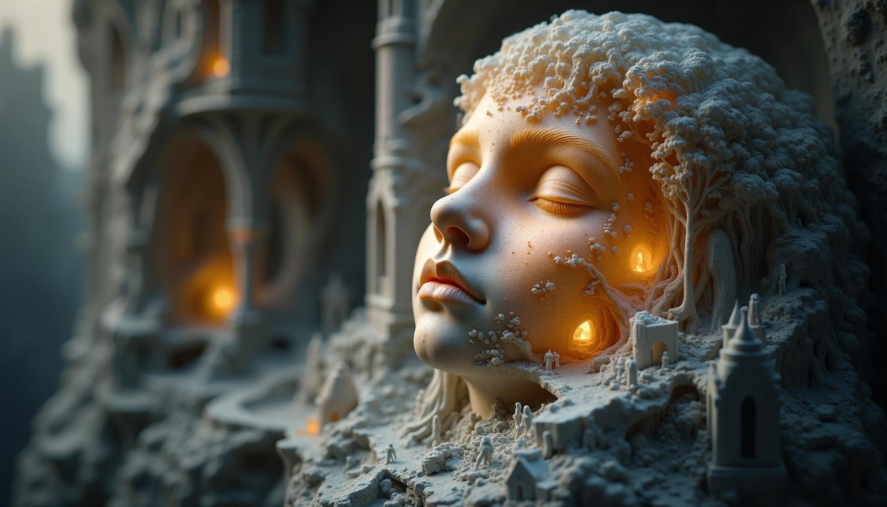 cinematic film still  <lora:Laura_Flux_Ahkinama:1>In a finely detailed, marble-like sculpture, the serene face of a young figure is carved into the stone, eyes gently closed as if lost in a deep dream. Embedded within the delicate curves of the figure’s head is an intricate world—a miniature kingdom of towering castles, ancient trees, and flowing rivers, all glowing softly from within. The branches of trees weave through the stone architecture, connecting nature with the ethereal structures in a perfect harmony of life and stone. Tiny figures walk along the pathways, dwarfed by the grandeur of their surroundings.The entire scene feels like a glimpse into a dreamscape, a world of fantasy contained within the figure’s mind. The warm, golden light radiates from deep within, illuminating the hidden corners of this tiny kingdom, casting soft shadows on the delicate carvings. This surreal fusion of human consciousness and fantasy architecture evokes the feeling of exploring the boundless creativity and imagination that resides within all of us. The detailed craftsmanship invites viewers to get lost in the countless stories unfolding within the intricate world. . shallow depth of field, vignette, highly detailed, high budget, bokeh, cinemascope, moody, epic, gorgeous, film grain, grainy