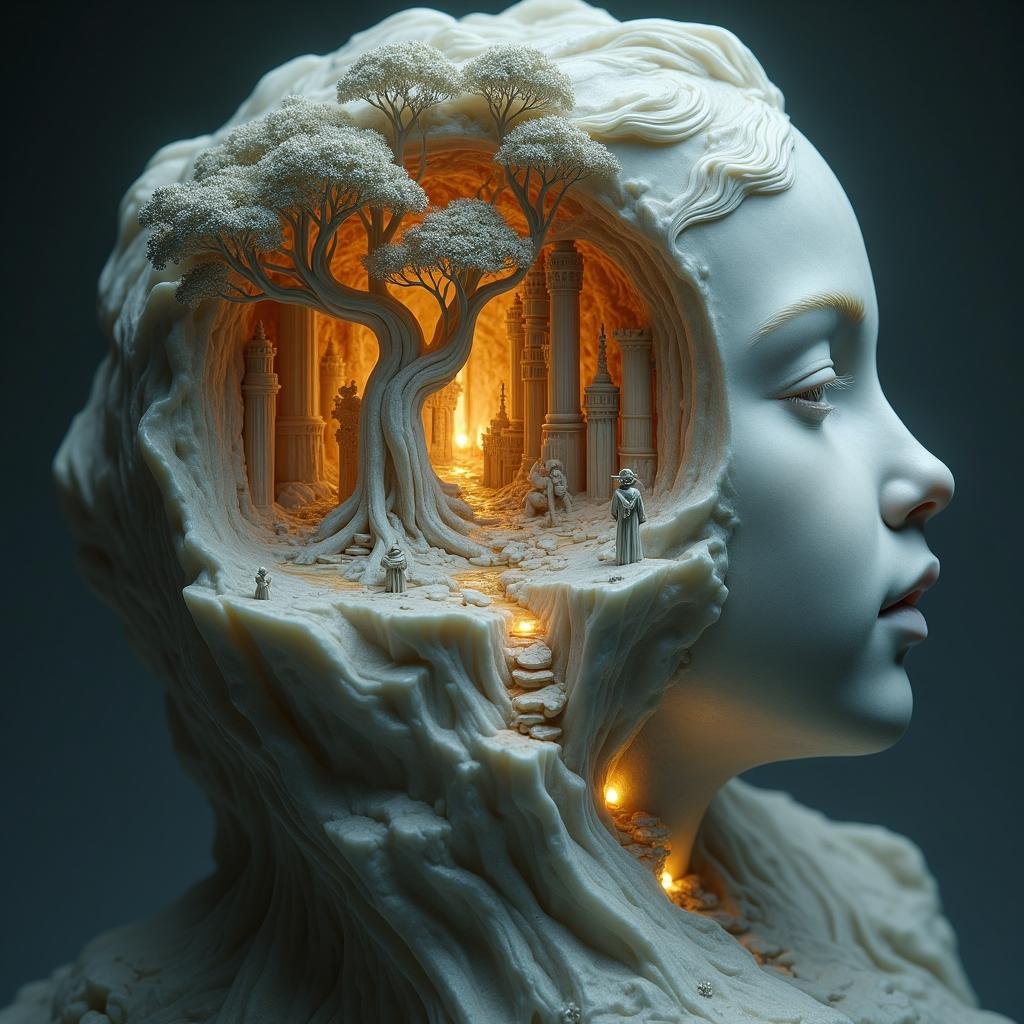 cinematic film still  <lora:Laura_Flux_Ahkinama:1>In a finely detailed, marble-like sculpture, the serene face of a young figure is carved into the stone, eyes gently closed as if lost in a deep dream. Embedded within the delicate curves of the figure’s head is an intricate world—a miniature kingdom of towering castles, ancient trees, and flowing rivers, all glowing softly from within. The branches of trees weave through the stone architecture, connecting nature with the ethereal structures in a perfect harmony of life and stone. Tiny figures walk along the pathways, dwarfed by the grandeur of their surroundings.The entire scene feels like a glimpse into a dreamscape, a world of fantasy contained within the figure’s mind. The warm, golden light radiates from deep within, illuminating the hidden corners of this tiny kingdom, casting soft shadows on the delicate carvings. This surreal fusion of human consciousness and fantasy architecture evokes the feeling of exploring the boundless creativity and imagination that resides within all of us. The detailed craftsmanship invites viewers to get lost in the countless stories unfolding within the intricate world. . shallow depth of field, vignette, highly detailed, high budget, bokeh, cinemascope, moody, epic, gorgeous, film grain, grainy