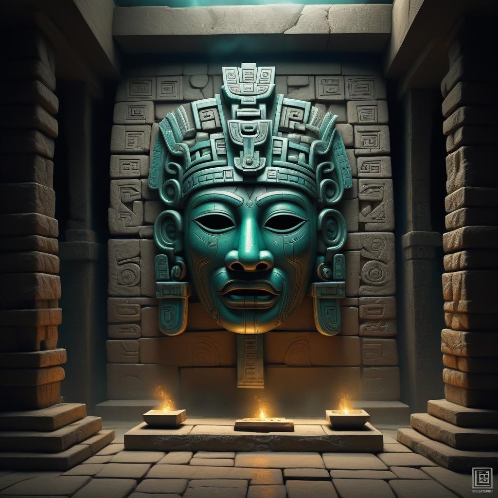 In a sacred chamber deep within an ancient temple, a massive ceremonial Mayan mask hangs on the stone wall. Its intricate design is a fusion of sharp geometric lines and curved organic forms, representing a powerful deity worshipped by the ancient civilization. The mask is adorned with bright turquoise and golden accents, with its eyes hollow, yet exuding an unseen presence. The surrounding chamber walls are covered in glyphs and symbols, recounting the stories of this god’s power and influence over the elements.  Beneath the mask lies an altar, where offerings of jade, obsidian, and other precious materials have been left by long-forgotten worshippers. The air is thick with the smell of incense, and the faint glow of torches flickers across the room, casting shadows that make the mask appear almost alive. Legends say that anyone who dons the mask will inherit the strength and wisdom of the god it represents, but at a great personal cost. The atmosphere is heavy with ancient energy, as the mask seems to watch over all who enter, waiting for the next worthy soul to awaken its power.