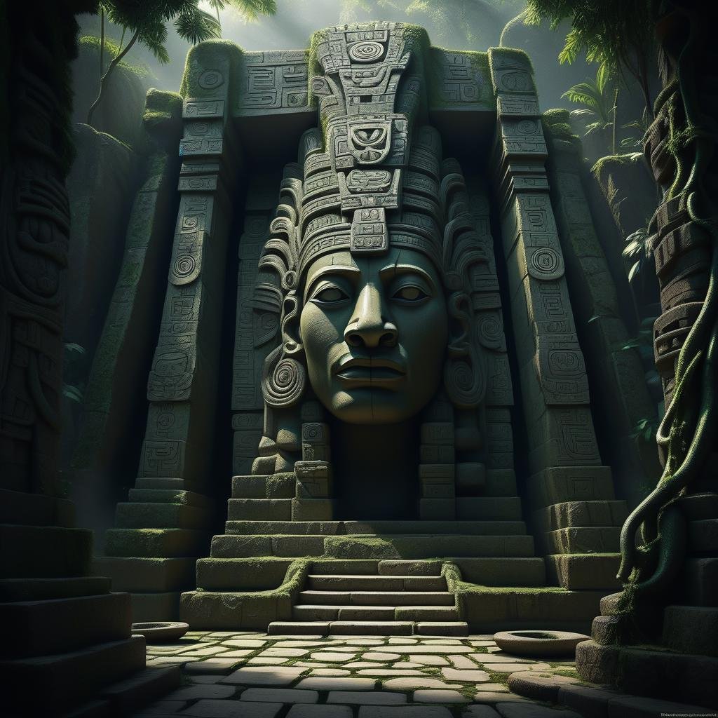 In a grand, ancient temple nestled deep within a jungle, a massive stone carving of a Mayan deity is embedded into the temple walls. The figure wears an elaborate headdress adorned with intricate serpentine patterns and sacred glyphs, reminiscent of ancient rulers and gods. The face of the carving is serene yet powerful, its eyes hollow but glowing faintly with a mystical energy. Surrounding the statue are stone pillars and walls decorated with similar glyphs and sacred animals like serpents and eagles, all slowly being reclaimed by vines and moss.  At the base of the statue, offerings of stone bowls, jewels, and ceremonial artifacts lie scattered, left behind by long-forgotten worshippers. The air is heavy with the scent of damp earth and the distant sound of waterfalls, as sunlight filters through the dense jungle canopy, casting soft shadows on the carving. The scene is both eerie and awe-inspiring, evoking a sense of reverence for the deity that once ruled over the people who built this temple.