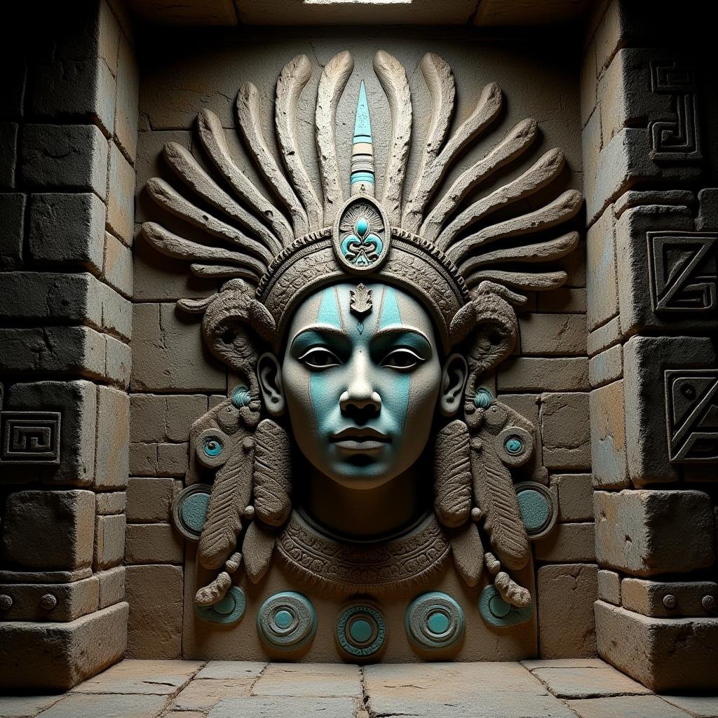 <lora:Laura_Flux_Ahkinama:1>In the heart of an ancient city, a colossal stone mural adorns the inner sanctum of a forgotten temple. At its center is the intricately carved face of a Mayan priestess or deity, her serene expression radiating wisdom and mystery. Her headpiece is an elaborate construction of feathers, geometric patterns, and sacred symbols, representing her connection to both the heavens and the earth. The surrounding stone wall is adorned with interlocking glyphs and futuristic geometric shapes, creating a seamless blend of ancient architecture and otherworldly technology.The priestess’s face appears lifelike, with turquoise accents on her cheeks and eyes that seem to follow those who enter the chamber. The air hums with an ancient energy, and the walls of the temple seem to pulse with the knowledge of a forgotten civilization. Legends say that this mural is not merely a tribute, but a portal to a realm of higher understanding, activated only by those who can decipher the sacred glyphs embedded within the wall. The temple’s hidden power lies dormant, waiting for the next chosen one to unlock its secrets.