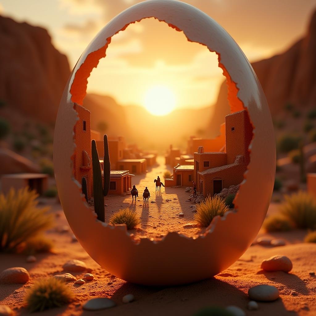 professional 3d model cinematic film still  <lora:Laura_Flux_Ahkinama:1>"Within the cracked shell of an egg, a remote desert cowboy village comes to life. Adobe houses line the dusty streets, with horses and cowboys gathered around a small oasis. Cacti and rocky cliffs surround the village, and the warm, golden light of the setting sun casts long shadows over the rugged terrain. The intricate details of the cracked egg reveal this vibrant, sun-drenched scene, capturing the essence of the Old West within its fragile shell." . shallow depth of field, vignette, highly detailed, high budget, bokeh, cinemascope, moody, epic, gorgeous, film grain, grainy . octane render, highly detailed, volumetric, dramatic lighting