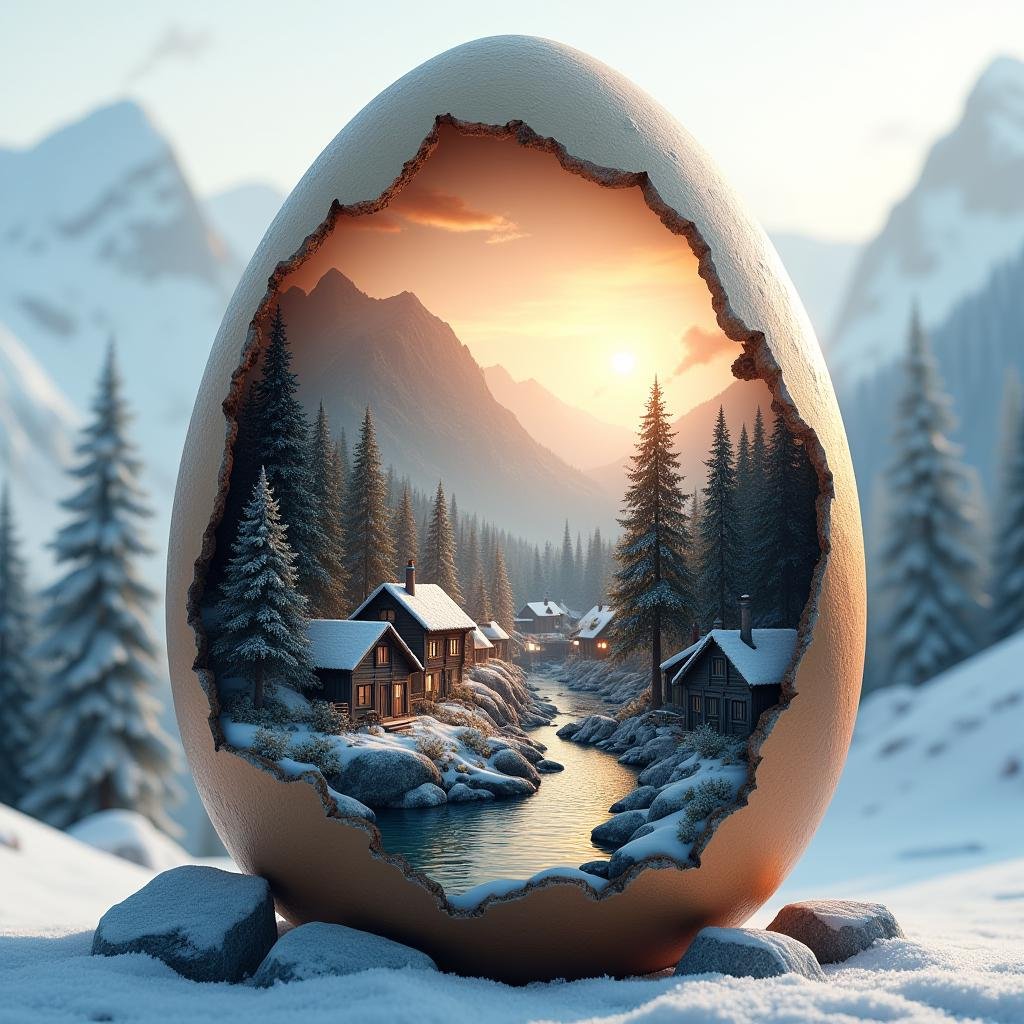 <lora:Laura_Flux_A_Timeless_Fusion_of_Ancient_Wonders_and_Futuristic_Marvels:1>"Inside the cracked egg, a serene mountain village rests. Stone cottages are nestled among pine trees, with snow-capped peaks in the distance. A river flows through the village, with smoke rising from chimneys as the sun sets in the background. Render this in a square format (1:1 ratio) to perfectly frame the cozy village scene within the egg."