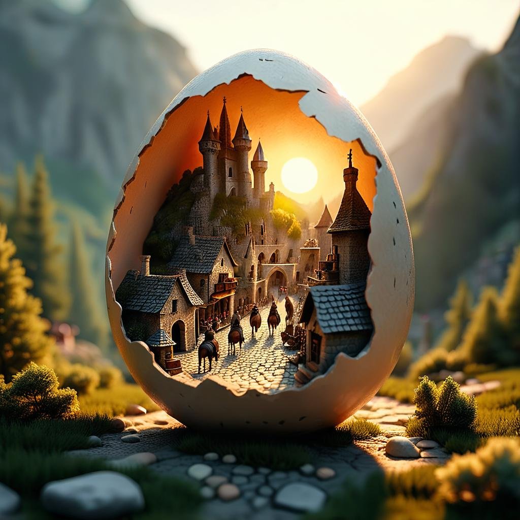 "Inside a beautifully cracked eggshell, a bustling medieval village is revealed. The miniature village is filled with stone cottages, cobblestone streets, and a small castle perched on a hill. Villagers bustle about the market square, while knights on horseback make their way through the gates. In the distance, majestic mountains and forests surround the village, all illuminated by the soft light of a setting sun, bringing this medieval world to life within the delicate shell." . shallow depth of field, vignette, highly detailed, high budget, bokeh, cinemascope, moody, epic, gorgeous, film grain, grainy . octane render, highly detailed, volumetric, dramatic lighting