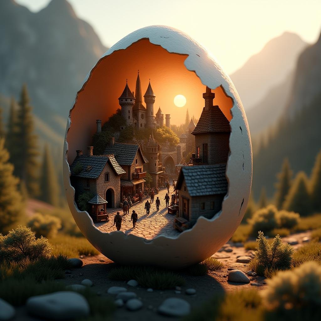 professional 3d model cinematic film still  <lora:Laura_Flux_Ahkinama:1>"Inside a beautifully cracked eggshell, a bustling medieval village is revealed. The miniature village is filled with stone cottages, cobblestone streets, and a small castle perched on a hill. Villagers bustle about the market square, while knights on horseback make their way through the gates. In the distance, majestic mountains and forests surround the village, all illuminated by the soft light of a setting sun, bringing this medieval world to life within the delicate shell." . shallow depth of field, vignette, highly detailed, high budget, bokeh, cinemascope, moody, epic, gorgeous, film grain, grainy . octane render, highly detailed, volumetric, dramatic lighting