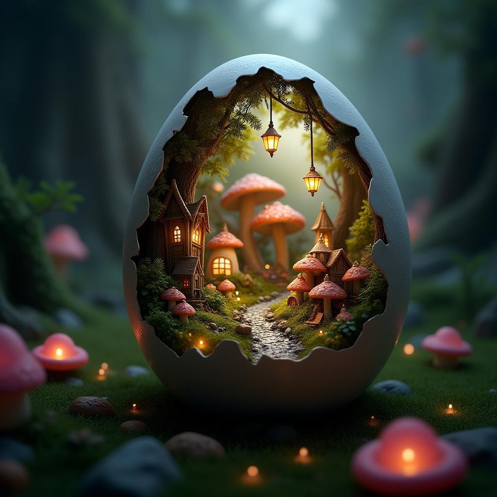 professional 3d model cinematic film still  <lora:Laura_Flux_Ahkinama:1>"Inside the cracked egg, a magical fantasy village comes to life. Tiny mushroom houses and fairy cottages are nestled in a lush forest, with sparkling streams and glowing lanterns hanging from tree branches. Magical creatures wander through the village, and the entire scene is bathed in a soft, iridescent light, creating a whimsical and enchanted atmosphere, perfectly enclosed within the cracked shell." . shallow depth of field, vignette, highly detailed, high budget, bokeh, cinemascope, moody, epic, gorgeous, film grain, grainy . octane render, highly detailed, volumetric, dramatic lighting