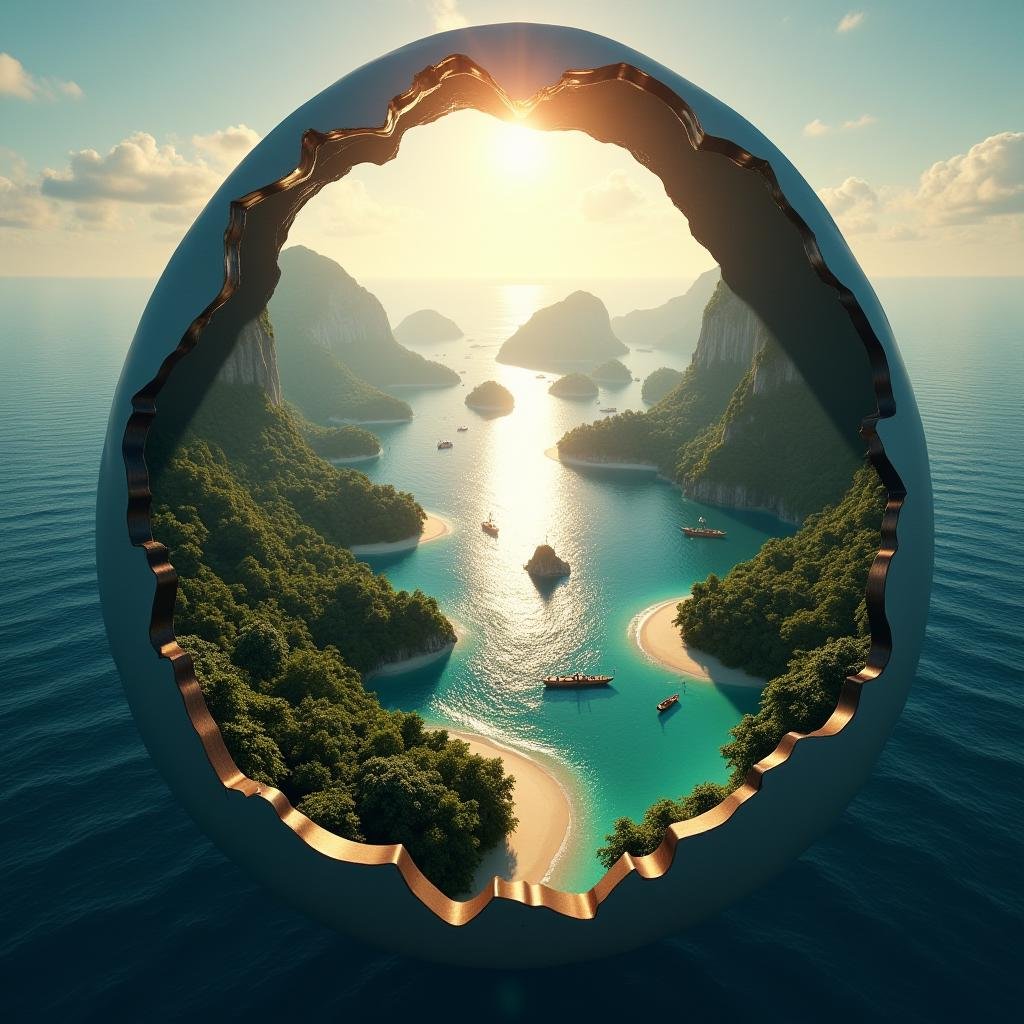 cinematic film still professional 3d model  <lora:Laura_Flux_A_Timeless_Fusion_of_Ancient_Wonders_and_Futuristic_Marvels:1>"Inside the cracked egg, a vast archipelago of islands stretches across a deep blue ocean. Each island is covered in dense jungle, with sandy beaches and small huts visible along the shores. Longboats sail between the islands, and the sun casts a golden glow across the waters. Generate this in a cinematic format (2.35:1 ratio) to capture the expansive view of the island chain, emphasizing the wide-open ocean and horizon beyond." . octane render, highly detailed, volumetric, dramatic lighting . shallow depth of field, vignette, highly detailed, high budget, bokeh, cinemascope, moody, epic, gorgeous, film grain, grainy