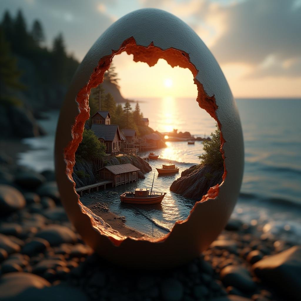 professional 3d model cinematic film still  <lora:Laura_Flux_Ahkinama:1>"Enclosed within the cracked shell of an egg is a quiet coastal fishing village. Wooden cottages line the rocky shore, and fishing boats bob in the water, tied to a wooden pier. Gentle waves lap at the shore as the sun begins to set, casting a warm glow over the scene. The intricate details of the boats, cottages, and ocean are perfectly framed by the cracked edges of the egg, capturing the serene beauty of this coastal haven." . shallow depth of field, vignette, highly detailed, high budget, bokeh, cinemascope, moody, epic, gorgeous, film grain, grainy . octane render, highly detailed, volumetric, dramatic lighting