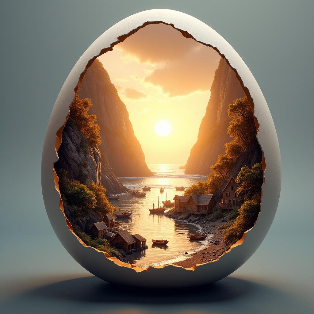 <lora:Laura_Flux_A_Timeless_Fusion_of_Ancient_Wonders_and_Futuristic_Marvels:1>"Inside the cracked egg, a coastal fishing village sits by the sea, with wooden cottages on the shore and boats bobbing gently in the water. Tall cliffs rise in the background as the setting sun casts a warm glow. Create this scene in portrait format (9:16 ratio) to highlight the height of the cliffs and the reflection of the sunset on the water."