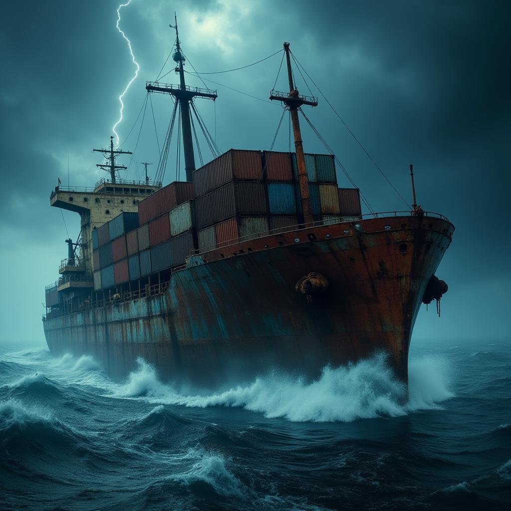 cinematic film still  <lora:Laura_Flux_mechanical_warrior:1>"A massive, rusted cargo ship struggles through rough seas, with waves crashing against its weathered hull. The ship is covered in rust, with old metal containers stacked high on its deck, their once-vibrant colors now faded and corroded. The sky is dark and stormy, with lightning illuminating the rusted, decaying metal surfaces of the ship as it battles the powerful ocean." . shallow depth of field, vignette, highly detailed, high budget, bokeh, cinemascope, moody, epic, gorgeous, film grain, grainy