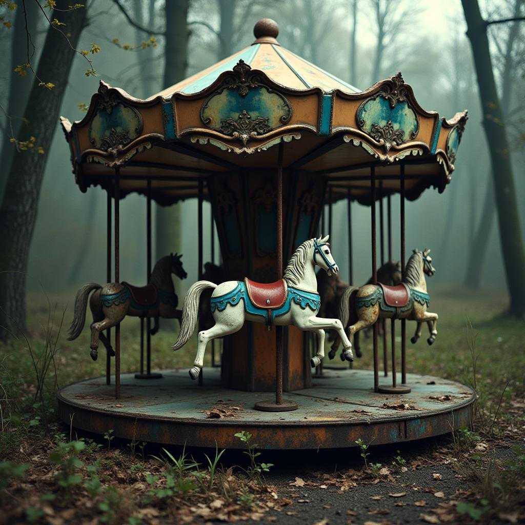 cinematic film still  <lora:Laura_Flux_mechanical_warrior:1>"In the center of an abandoned amusement park, a once-beautiful carousel sits rusting away. The colorful horses are chipped and rusted, their once-vibrant paint now peeling. Weeds and vines have wrapped around the carousel’s base, creeping up the rusted poles and through the decaying seats. The eerie quiet of the park is broken only by the sound of wind blowing through the rusted metal." . shallow depth of field, vignette, highly detailed, high budget, bokeh, cinemascope, moody, epic, gorgeous, film grain, grainy