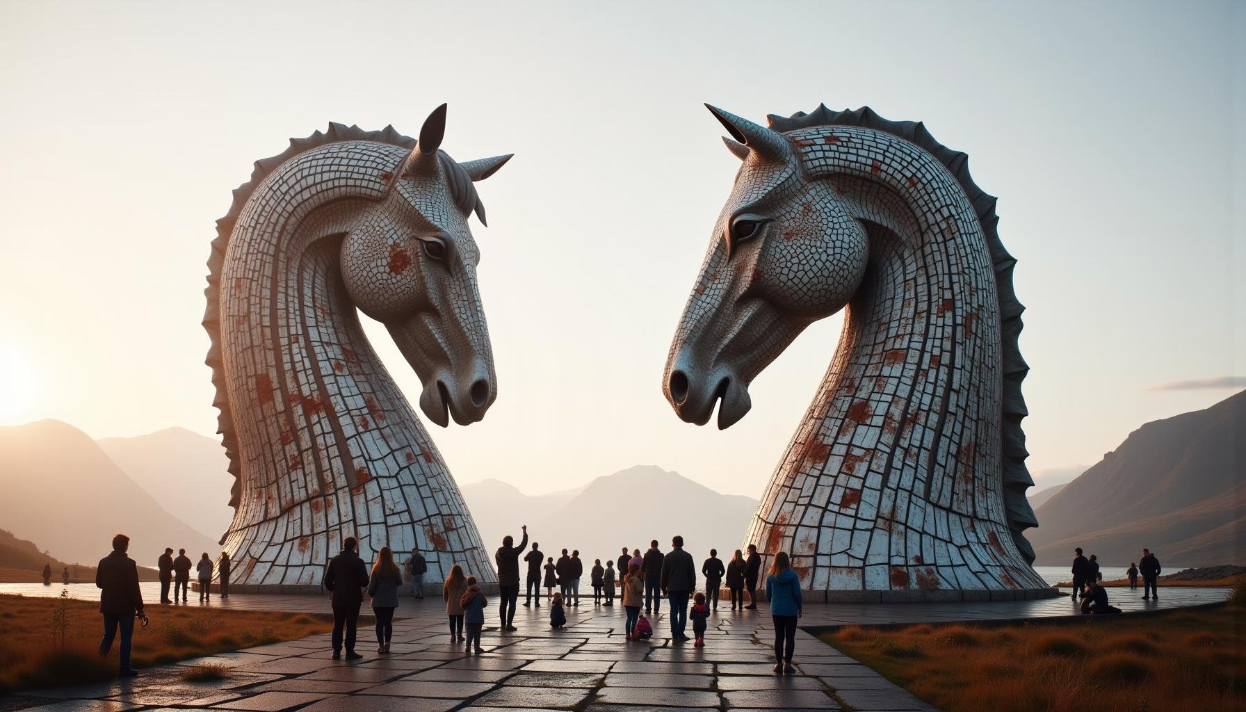 cinematic film still  <lora:Laura_Flux_mechanical_warrior:1>"Two monumental horse-head sculptures, modeled after The Kelpies in Scotland, stand tall in their iconic poses. One horse has its head bowed slightly, its long neck curved with a contemplative grace, while the other has its head lifted high, mouth open as if in mid-neigh. The once-bright, metallic surfaces of the statues are now covered in rust and fading white paint, giving them a weathered, timeworn look. Rust has accumulated around the intricate black gaps between the metal plates, particularly along the horses' necks and manes, where the decayed texture is most pronounced. Patches of white paint cling to the statues in uneven streaks, peeling away to reveal the orange-brown rust underneath.Despite the decay, the tourists that gather around the statues are captivated by their beauty. Some stand at the base of the statues, taking photographs, while others pose in front of the towering horses, capturing the unique blend of rusted elegance and fading glory. Children point excitedly at the statues, and families gather beneath the majestic heads for group photos, their laughter and conversation filling the air. A few visitors wander closer, examining the rusted details up close, their cameras zooming in on the intricate textures where the paint has peeled away.In the background, the Scottish Highlands rise majestically, their rugged peaks shrouded in mist, adding a sense of grandeur and timelessness to the scene. The statues are set against this breathtaking natural backdrop, with vines creeping up their rusted legs and wild grass growing at their bases. The ground beneath the statues is cracked and uneven, with small plants sprouting through the cracks, showing how nature has begun to reclaim the area.The tourists, dressed in modern attire, stand in contrast to the ancient, decayed beauty of the sculptures. As the sun begins to set, casting a warm, golden glow over the scene, the Kelpies' rusted surfaces and remaining patches of white paint shimmer in the light, creating a powerful image of history, art, and nature intertwined. The wind whistles softly through the rusted gaps in the statues, while the sounds of camera shutters clicking and voices echo in the open space, adding life to the monument." . shallow depth of field, vignette, highly detailed, high budget, bokeh, cinemascope, moody, epic, gorgeous, film grain, grainy