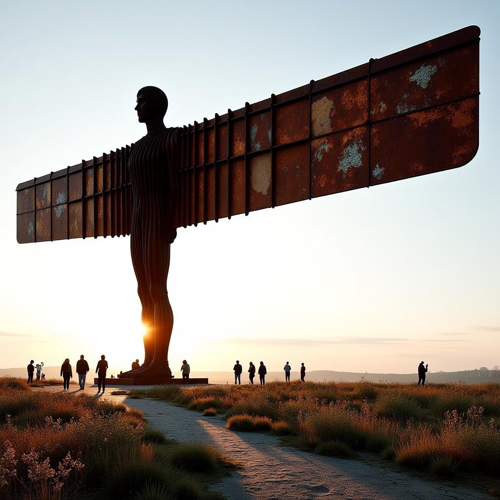 <The_Rusting_Metropolis__Laura_Flux_r1-000005.safetensors>"The Angel of the North, once a gleaming symbol of modern art and human ingenuity, now stands as a powerful, rusted relic. Its once-smooth, metallic wings are now covered in a patchwork of deep rust and corrosion, with the original paint fading in some areas, revealing layers of peeling, weathered metal. The massive steel wings stretch wide, still dominating the skyline, but time and the elements have left their mark—rust streaks run down the body, and jagged edges form where the metal has decayed.The angel remains imposing, its silhouette stark against the horizon, with the rugged landscape of northern England stretching out behind it. Around its base, wild grasses and small plants have begun to reclaim the area, sprouting between cracks in the earth, creating a blend of nature and decay. The contrast between the rusted metal of the statue and the vibrant greens of the wild plants makes the scene feel both ancient and alive.As the sun begins to set, the fading light casts a warm glow over the rusted wings, illuminating the orange-brown patches of decay and making the sculpture shimmer with a strange beauty. Visitors gather in awe at the base of the sculpture, some standing close to examine the rusty textures, while others take photos, marveling at the angel’s resilience despite the years of weathering. The wind whistles softly through the open spaces in the wings, creating an eerie but peaceful hum as it moves through the monument, a reminder of both the power and fragility of time."