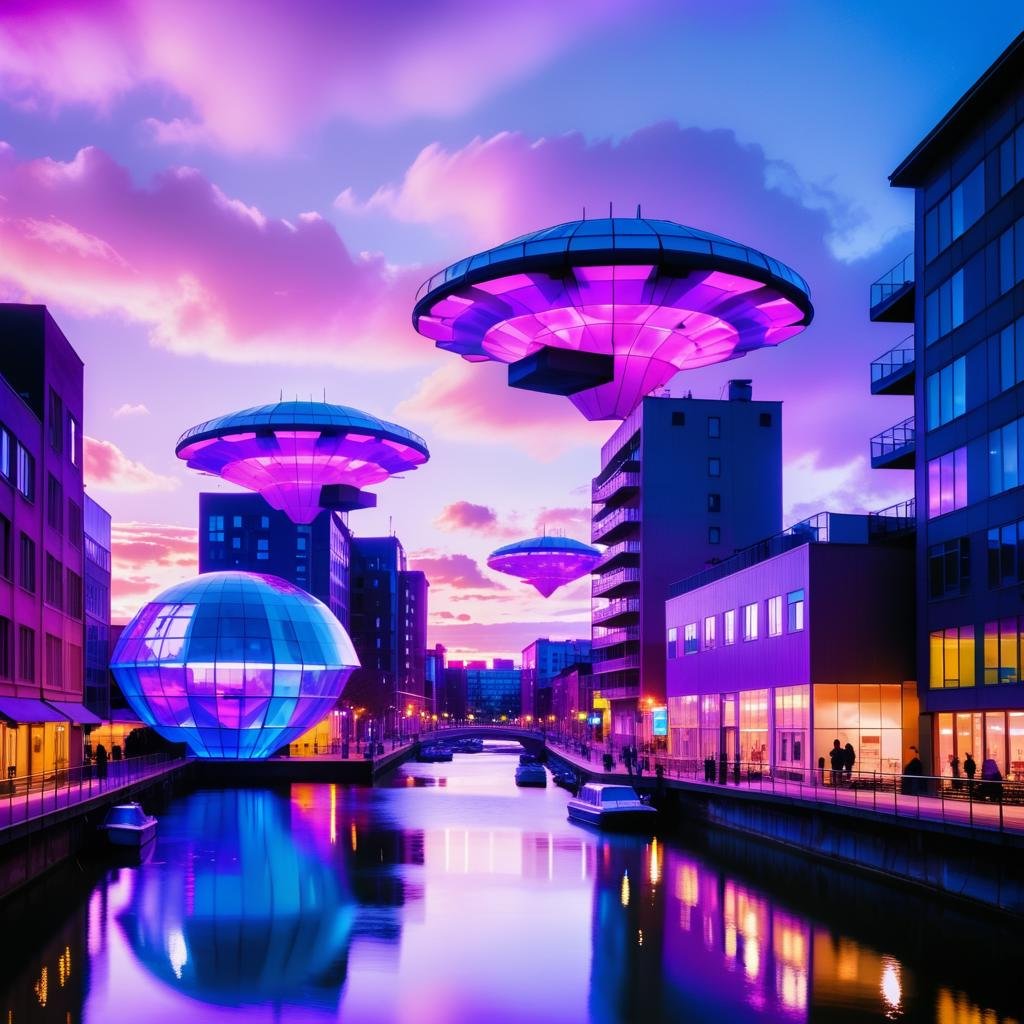 "In a vibrant kaleidoscope sky of purple, blue, and pink, floating futuristic buildings are clearly defined, with sleek, semi-transparent structures that have glowing edges and large windows. Each building is spaced out, floating on distinct platforms, emphasizing their separation and clarity. The buildings feature tall spires and terraces, with bioluminescent gardens gently illuminated. Translucent bridges of light connect some of the structures, but the overall scene is less crowded, allowing each building to stand out against the colorful sky. Hovercraft move quietly between the buildings, trailing pixelated stardust, while the background maintains its ethereal, cloud-filled atmosphere."