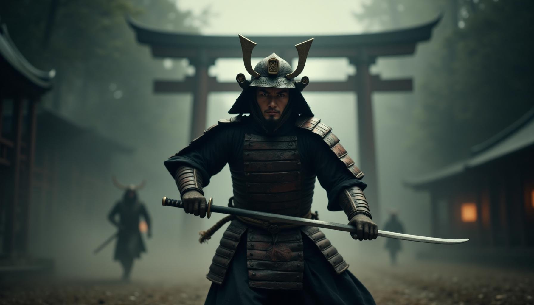 cinematic film still "The same samurai warrior charges forward into battle, his copper-hued katana raised high as he prepares to strike. His battle-worn armor moves fluidly as he runs, showing scratches and dents from previous fights. The mist swirls around him as his intense expression reveals his determination and focus. In the background, the faint outline of the shrine and towering Torii gates remain, but the scene is now filled with motion and action. The wind rustles through the trees as the samurai’s figure is sharply focused, while the surrounding environment is slightly blurred, creating a sense of speed and intensity. The atmosphere remains dark and dramatic, with soft light from the shrine's lanterns reflecting off his armor." . shallow depth of field, vignette, highly detailed, high budget, bokeh, cinemascope, moody, epic, gorgeous, film grain, grainy