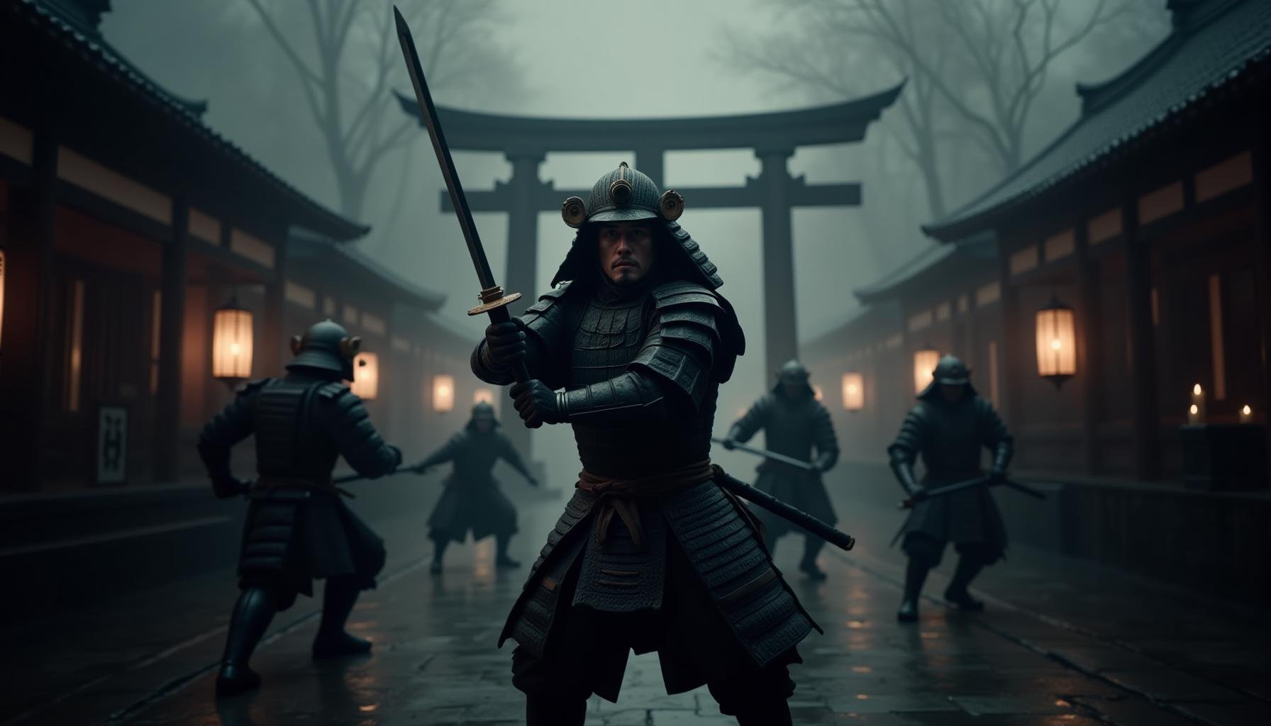 cinematic film still "The same samurai warrior from the earlier scene, wearing his dark, battle-worn armor, is engaged in combat with enemy warriors. His face is clearly visible with an intense expression that matches his previous appearance. The armor he wears is identical to the earlier images, with intricate dark plating and visible signs of battle wear. The Torii gate and glowing shrine lanterns remain in the background, and the atmosphere is filled with mist. The other enemy warriors, dressed in their dark, spiked armor, clash with him, but the focus remains on the main samurai, his katana raised and ready to strike. The wet stone courtyard beneath them reflects the soft glow of the lanterns, keeping the lighting and environment consistent with the original image." . shallow depth of field, vignette, highly detailed, high budget, bokeh, cinemascope, moody, epic, gorgeous, film grain, grainy