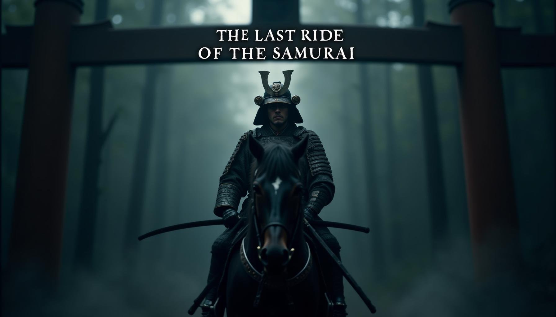 cinematic film still "A powerful samurai warrior, dressed in traditional, battle-worn armor, stands in front of his black horse, both of them framed by a towering Torii gate in a misty forest. The samurai holds his copper-hued katana, which is slightly raised as he prepares for a journey or battle. His face is serious and focused, with his weathered armor showing signs of past battles. The black horse stands strong and calm behind him, its dark coat gleaming softly in the mist. Above the scene, the title text 'THE LAST RIDE OF THE SAMURAI' is written in elegant white, Japanese calligraphy-style font, with a subtle black shadow for contrast. Beneath the title, a small logo of a katana crossed with cherry blossoms is placed. The katana is light gold, and the cherry blossoms are soft pink, adding a delicate touch to the intense, serene atmosphere. The mist swirls around the warrior and horse, adding depth and mystery to the scene." . shallow depth of field, vignette, highly detailed, high budget, bokeh, cinemascope, moody, epic, gorgeous, film grain, grainy