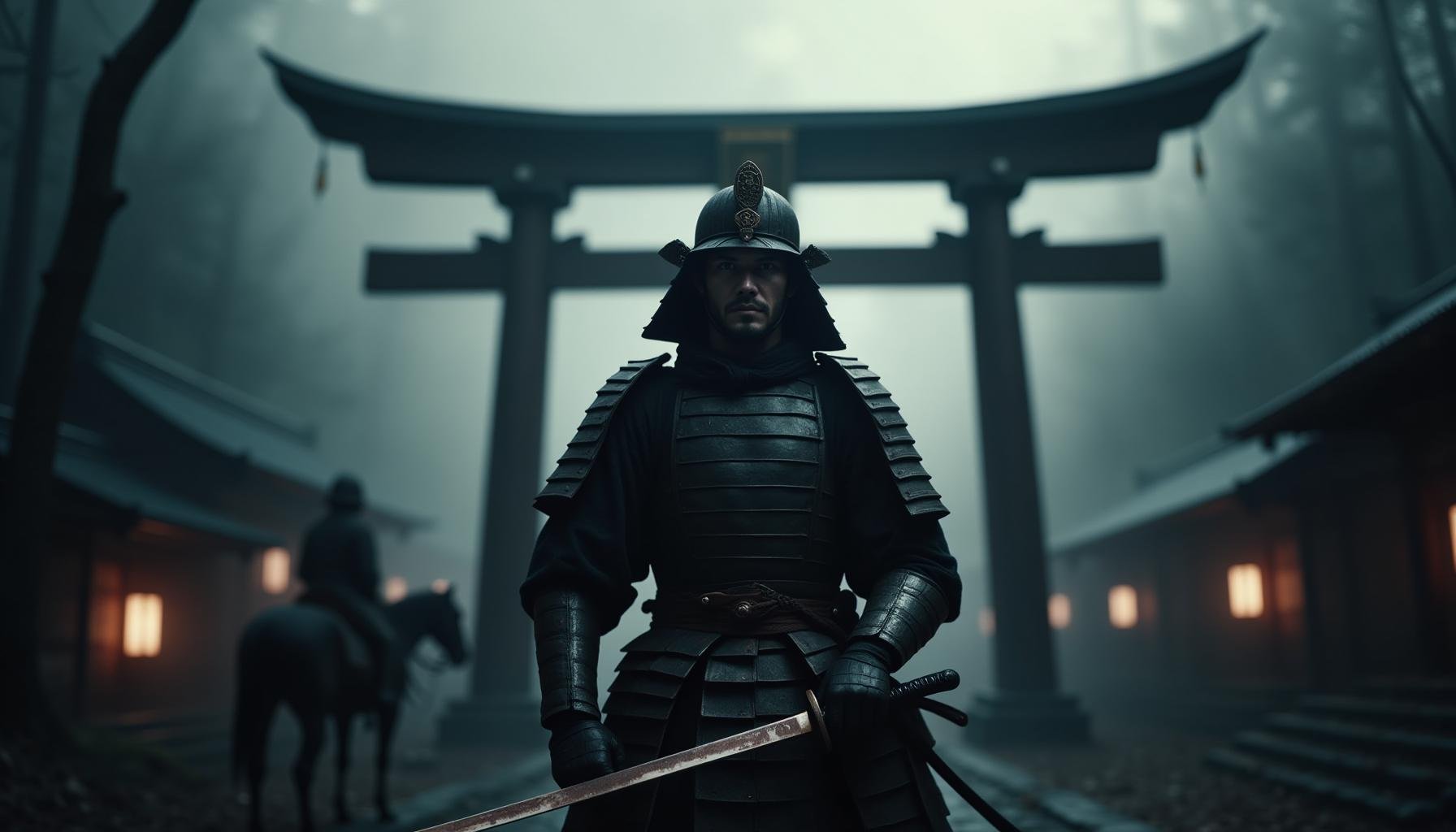 cinematic film still "The same samurai warrior from previous scenes stands confidently in front of a grand Japanese shrine. He now faces the camera directly, with a powerful and focused gaze. His armor, dark and weathered, catches the soft glow of the nearby shrine lanterns. The towering Torii gate in the background is framed by the misty forest, creating a mysterious and atmospheric backdrop. The samurai’s hand rests firmly on the hilt of his copper-hued katana, showing his readiness for the battle ahead. The horse from previous images is either standing off to the side or out of the frame, allowing the samurai to be the clear focal point. The lighting, mist, and overall mood remain consistent with the earlier scenes, keeping the tone and style unified." . shallow depth of field, vignette, highly detailed, high budget, bokeh, cinemascope, moody, epic, gorgeous, film grain, grainy