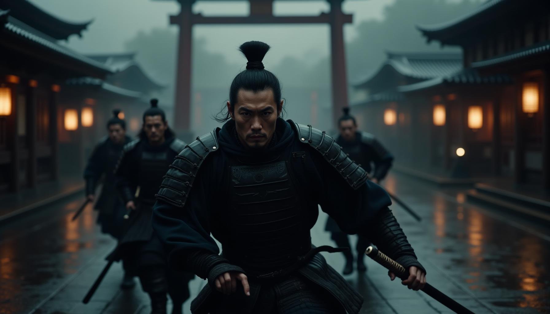 cinematic film still "The same samurai warrior from the previous scene, dressed in identical dark, battle-worn armor, charges forward with his katana drawn. His face, with intense focus, remains the same as in previous scenes, with the exact same facial features and hair style. Behind him, the same shrine courtyard with glowing lanterns and towering Torii gate is visible, maintaining the dark, misty atmosphere. Additional warriors follow closely behind, all wearing matching dark samurai armor that blends seamlessly with the lead warrior. The lighting remains consistent, with soft glows from the shrine's lanterns reflecting off the wet stone path, keeping the scene unified with earlier images. The entire composition ensures that all elements—armor, character design, and setting—are identical to the original images." . shallow depth of field, vignette, highly detailed, high budget, bokeh, cinemascope, moody, epic, gorgeous, film grain, grainy