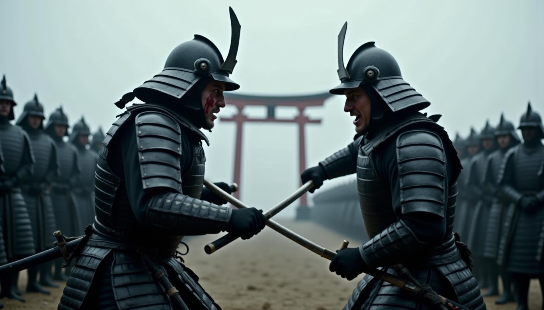 cinematic film still "Two fierce samurai warriors, both wearing identical black traditional samurai armor, are locked in combat. Their armor is sleek and meticulously detailed, with matching shoulder guards, chest plates, and waist belts, showing no deviations in design. The warriors' faces are filled with intensity, featuring distinct features—sharp jawlines, determined expressions—with slight blood marks and cuts across their faces. The katanas they wield are sharp, perfectly aligned, and poised for attack. In the background, rows of samurai soldiers stand perfectly aligned, dressed in matching armor, watching the battle in solemn silence. The mist adds to the drama, and the iconic Torii gate looms faintly in the background." . shallow depth of field, vignette, highly detailed, high budget, bokeh, cinemascope, moody, epic, gorgeous, film grain, grainy