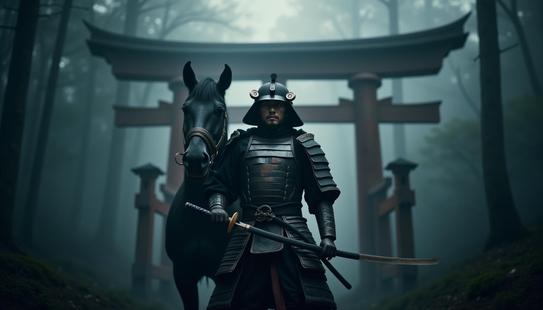 cinematic film still "A powerful samurai warrior, dressed in traditional, battle-worn armor, stands in front of his black horse, both of them framed by a towering Torii gate in a misty forest. The samurai holds his copper-hued katana, which is slightly raised as he prepares for a journey or battle. His face is serious and focused, with his weathered armor showing signs of past battles. The black horse stands strong and calm behind him, its dark coat gleaming softly in the mist. Above the scene, the title text 'THE LAST RIDE OF THE SAMURAI' is written in elegant white, Japanese calligraphy-style font, with a subtle black shadow for contrast. Beneath the title, a small logo of a katana crossed with cherry blossoms is placed. The katana is light gold, and the cherry blossoms are soft pink, adding a delicate touch to the intense, serene atmosphere. The mist swirls around the warrior and horse, adding depth and mystery to the scene." . shallow depth of field, vignette, highly detailed, high budget, bokeh, cinemascope, moody, epic, gorgeous, film grain, grainy