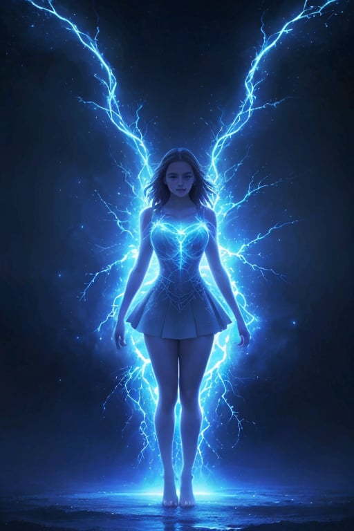 In a dramatic, high-angle shot, a statuesque solo girl stands defiantly against a deep, dark backdrop, exuding an aura of unshakeable confidence as she taps into celestial energies. Soft, ethereal lighting envelops her from above, while electric blue tendrils dance up her torso like serpents infused with divine power. Vivid lightning flashes cast an otherworldly glow across her skin, resembling a mesmerizing display of digital fireflies fluttering in rhythmic harmony.