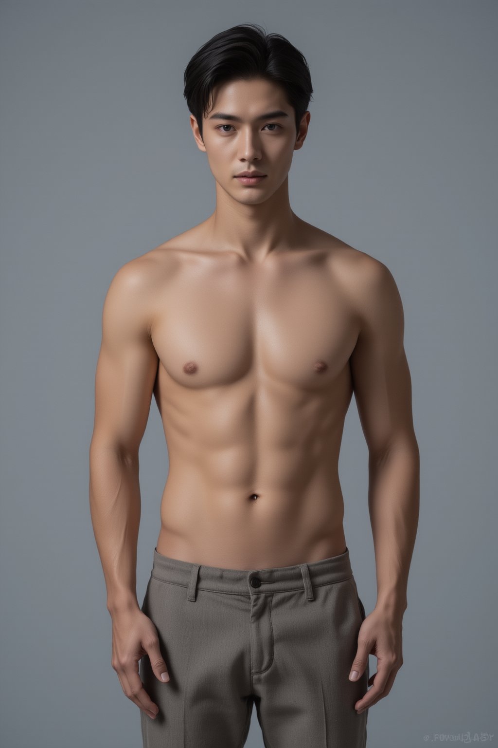 Half-body shot of a handsome Japanese male model, posing with confidence, sharp facial features, stylish outfit, focused on upper body and arms, neutral gray background, professional lighting, photorealistic, detailed skin texture, well-groomed appearance,FuturEvoLabBeautify