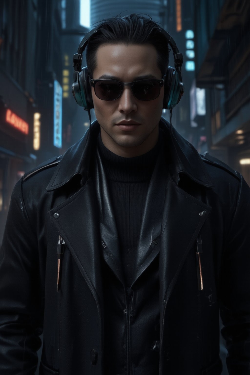 A close-up shot of a man wearing sleek black sunglasses and a long, flowing black leather trench coat, reminiscent of characters from *The Matrix*. His expression is stoic, exuding a sense of mystery and power. The futuristic coat is detailed with subtle metallic accents and cybernetic enhancements visible on his neck and collar. He is also wearing sleek, high-tech headphones that blend seamlessly into the cyberpunk aesthetic, with glowing accents that match the metallic elements of his outfit. The background features a dark, dystopian city with neon lights reflecting off his sunglasses, digital rain falling, and towering skyscrapers in the distance, evoking a cyberpunk atmosphere. The scene is intense and filled with a futuristic, high-tech vibe, focusing on the man's upper body and head, capturing his presence and confidence, FuturEvoLabScene, FuturEvoLabNinja