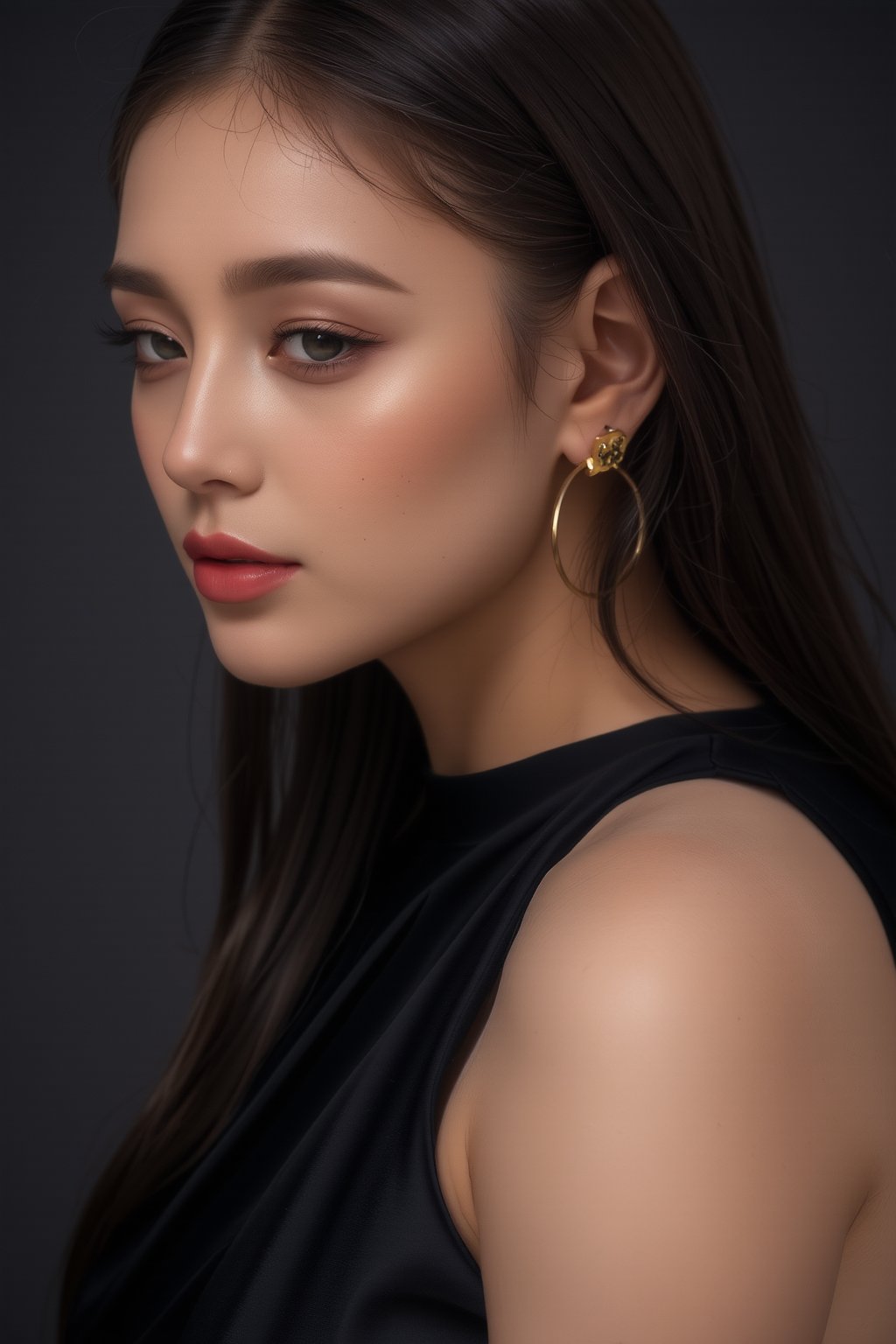 Photography of the model wearing gold hoop earrings, with a sleek and stylish black dress, close-up shot on a dark gray background. The lighting highlights her sharp jawline and bold, red lipstick, with subtle contouring enhancing her high-fashion look. The focus is on one earring, symbolizing luxury and modern elegance.