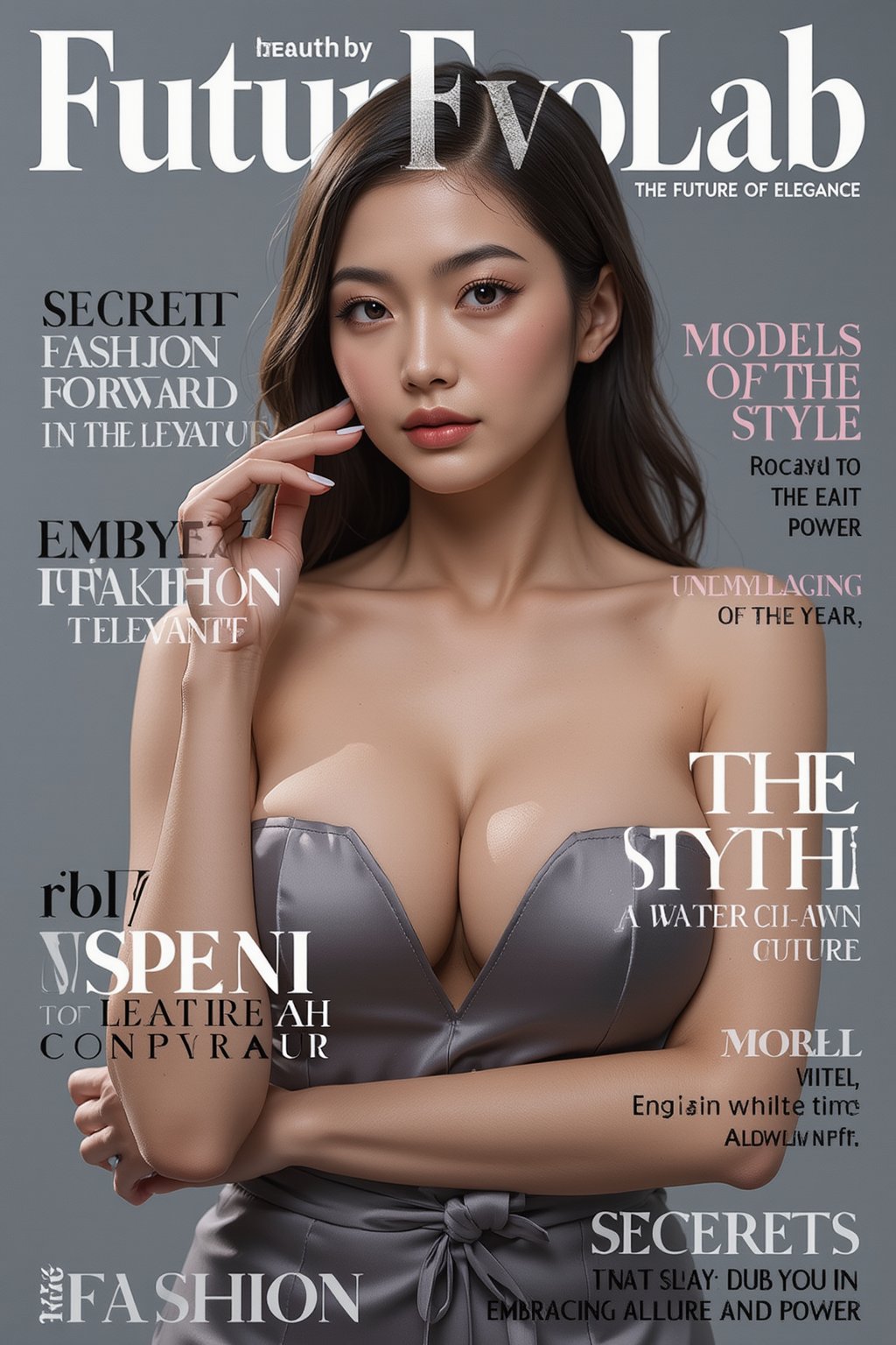 A high-fashion magazine cover featuring a close-up, upper-body shot of a beautiful Japanese female model with an enhanced bust size, confidently posing with elegance. Her sharp yet graceful facial features are highlighted, and she wears a stylish, modern outfit that accentuates her figure while maintaining a sophisticated and polished look. The background is a neutral gray with professional, magazine-quality lighting that enhances her photorealistic skin texture.

Across the cover, bold and stylish magazine text is displayed, including the title in elegant font: **"FuturEvoLab Beauty"** at the top. Other headlines include:
- **"Fashion Forward: The Future of Elegance"**
- **"Secrets to Confidence and Style"**
- **"Model of the Year: Embracing Allure and Power"**

The overall composition combines high-end fashion photography with captivating headlines that frame the model’s pose, drawing attention to her beauty and presence. The cover reflects sophistication, confidence, and modern fashion, with the FuturEvoLabBeautify aesthetic enhancing the visual impact.