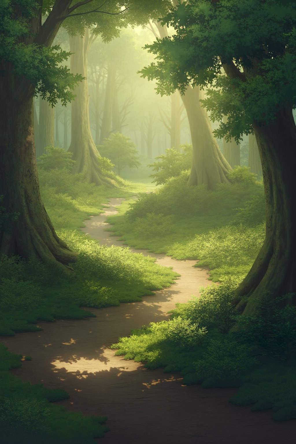 A serene forest path unwinds through the dense underbrush, dappled sunlight filtering through the leafy canopy above, casting a warm glow on the lush greenery. A gentle mist veils the surrounding trees, adding to the mystical atmosphere. In the distance, the rustle of leaves and snapping of twigs signal the presence of unseen creatures. The forest floor's soft carpet of ferns and moss invites exploration.