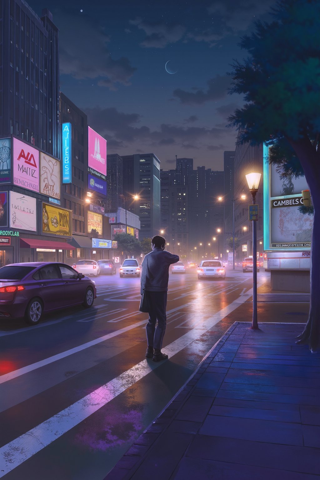 A cityscape at night: neon lights reflecting off wet pavement, casting a colorful glow on surrounding buildings and cars parked along the curb. A lone figure stands at the corner of the intersection, silhouetted against the vibrant backdrop, with the sounds of honking horns and distant chatter filling the air.