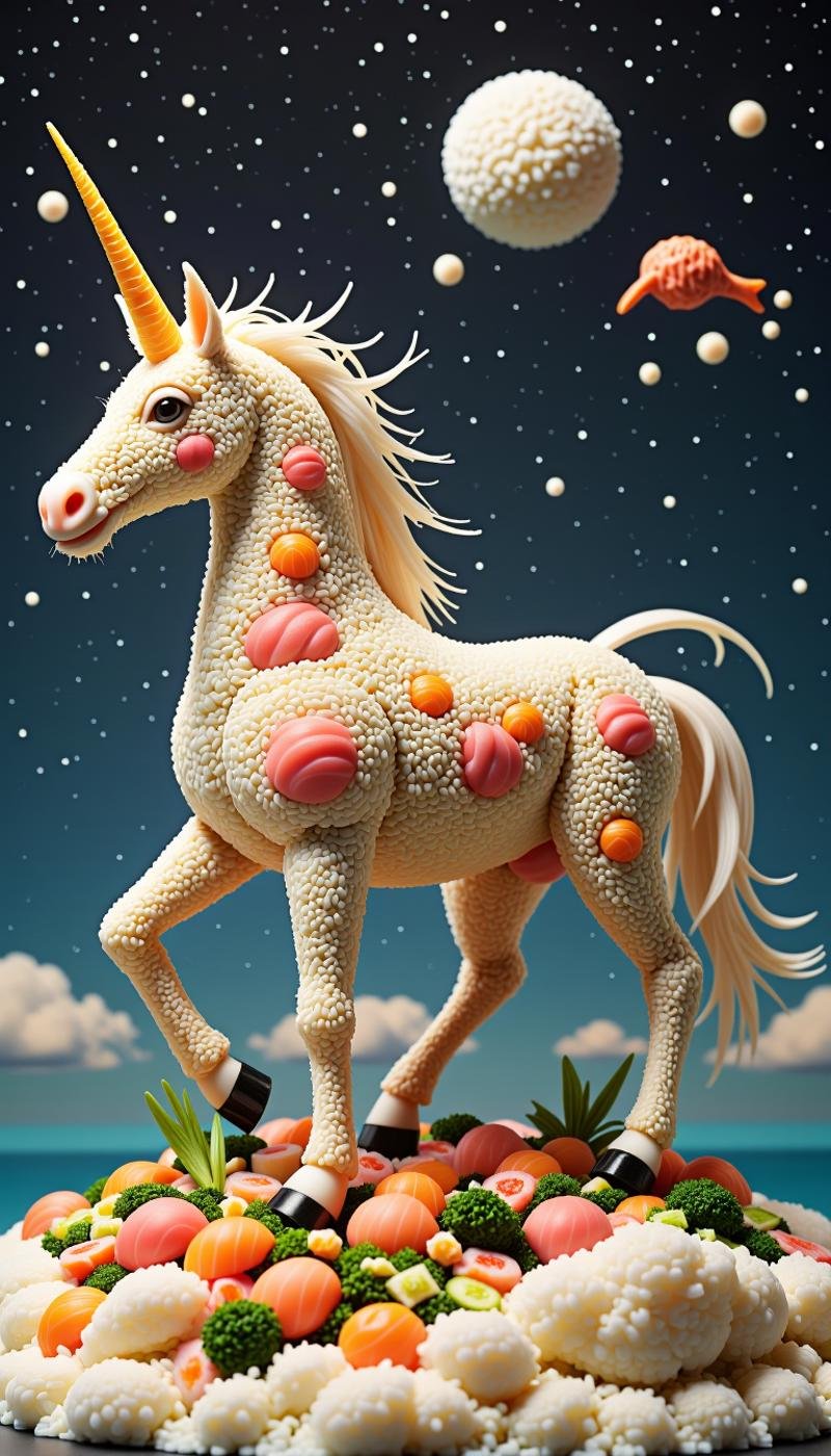 <lora:SushiStyleFlux:1>Made out of sushi, a SushiStyle unicorn, in interstellar ark