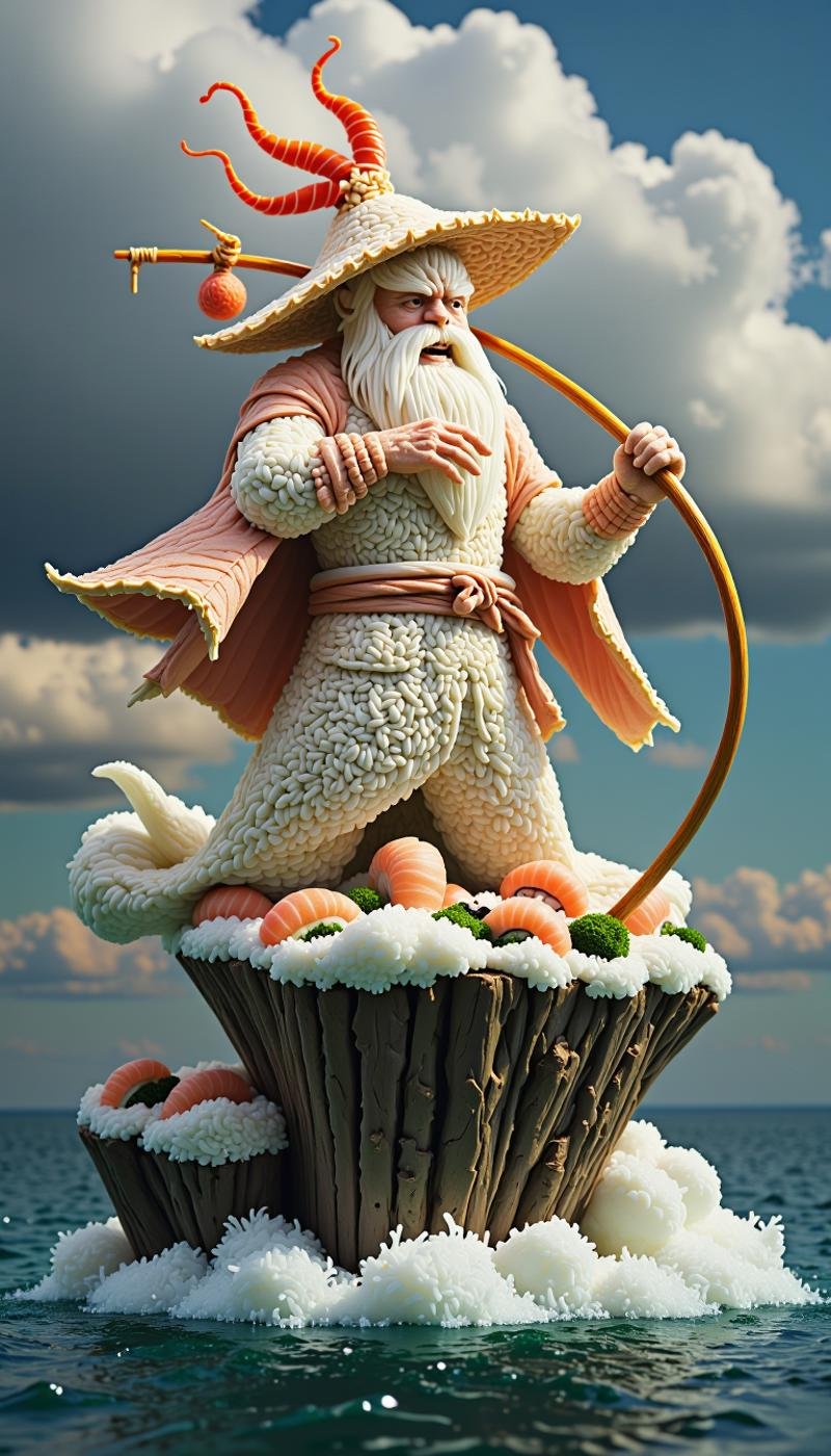 <lora:SushiStyleFlux:1>Made out of sushi, a SushiStyle a phantom piper playing a haunting tune at the edge of a stormy cliff, in colossal statue