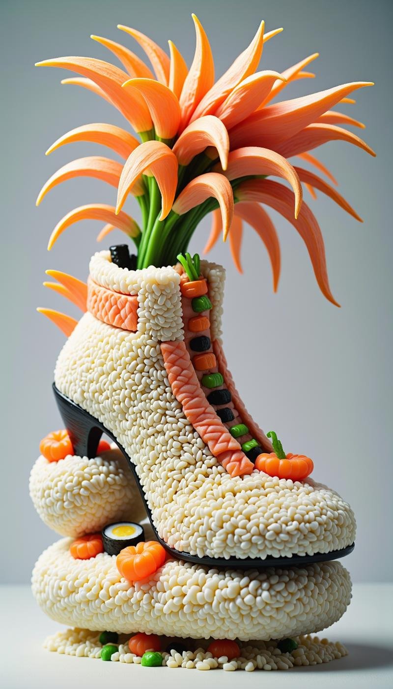 <lora:SushiStyleFlux:1>Made out of sushi, a SushiStyle shoe, papercraft, crumpled paper