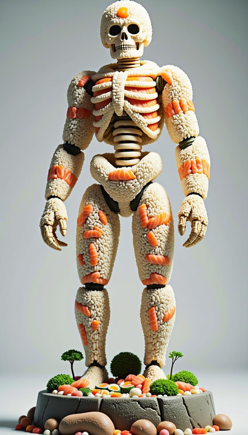 <lora:SushiStyleFlux:1>Made out of sushi, a SushiStyle skeleton, in floating rock formations